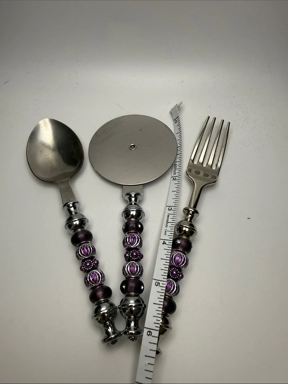 Decorative Purple Beaded Flatware Set - Spoon, Fork, Pizza Wheel